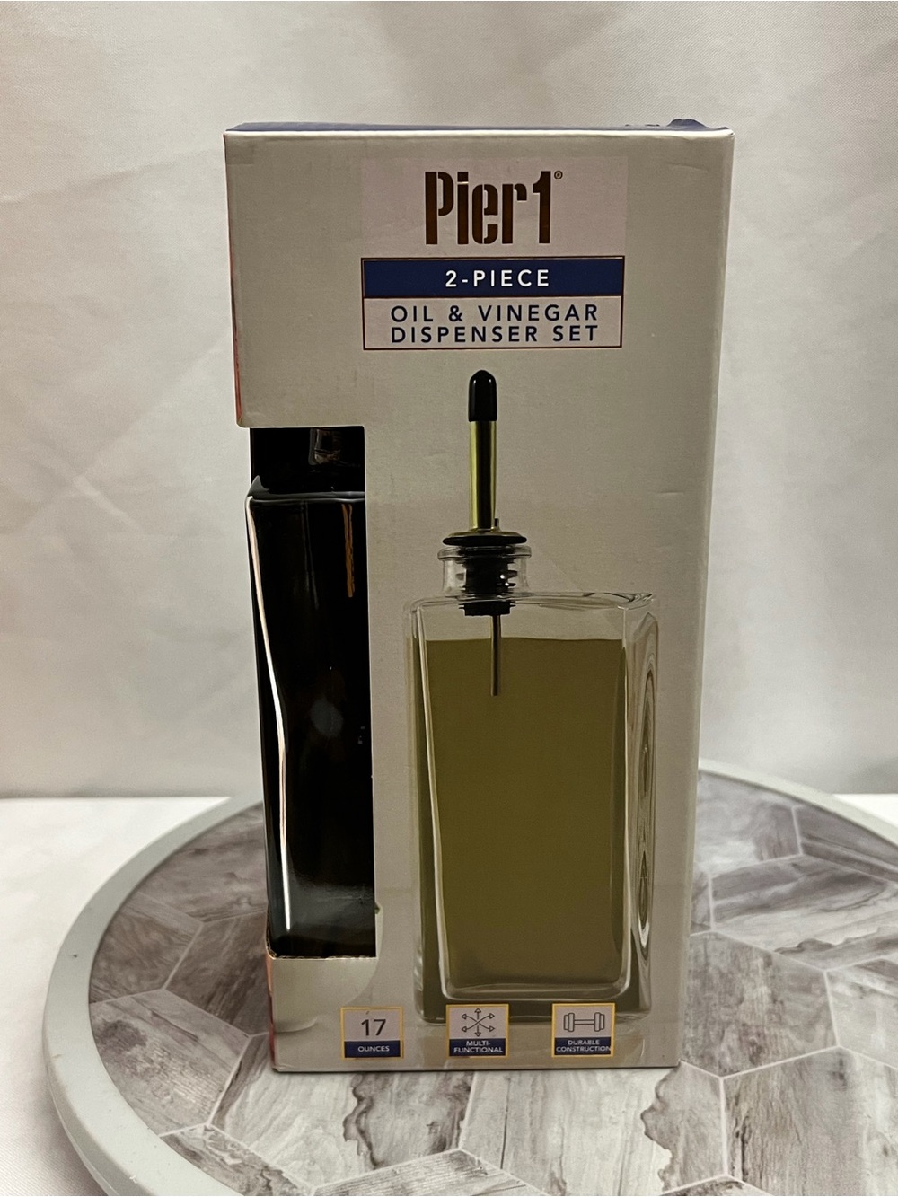 Pier 1 Clear Glass Oil & Vinegar Dispenser Set with Olive Pourer